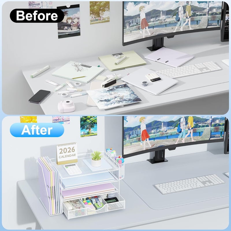 gianotter Desk Organizers and Accessories with File Holder, 4-Tier Desk Accessories & Workspace Organizers with Drawer and 2 Pen Holder, Paper Organizer for Office Supplies (White) - Image 2